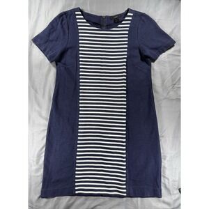J. Crew Women's Size 8 Navy Blue Stripe Shift Dress Short‎ Sleeve Cotton Blend